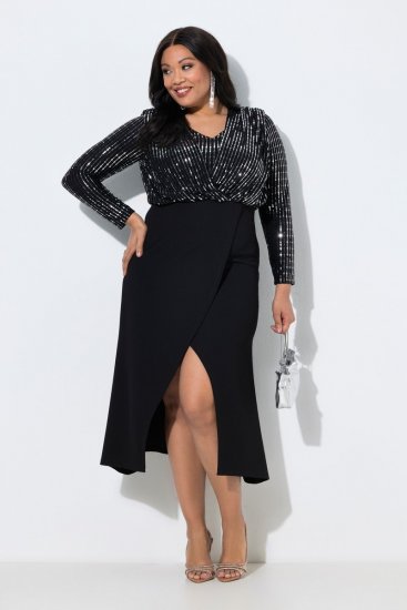 Ulla Popken 845151 Robe rayée à col V Noir - Robes de soirée - Robes de soirée grande taille