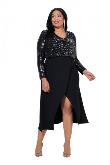 Ulla Popken 845151 Robe rayée à col V Noir - Robes de soirée - Robes de soirée grande taille