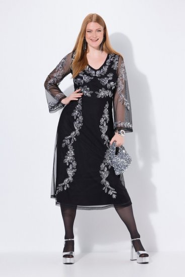 Ulla Popken 845366 Robe de soirée à col V Noir - Robes de soirée - Robes de soirée grande taille