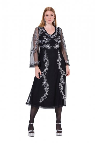 Ulla Popken 845366 Robe de soirée à col V Noir - Robes de soirée - Robes de soirée grande taille