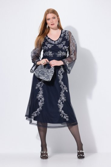 Ulla Popken 845366 Robe à sequins fleurie Bleu marine - Robes de soirée - Robes de soirée grande taille