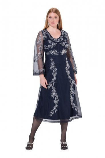 Ulla Popken 845366 Robe à sequins fleurie Bleu marine - Robes de soirée - Robes de soirée grande taille