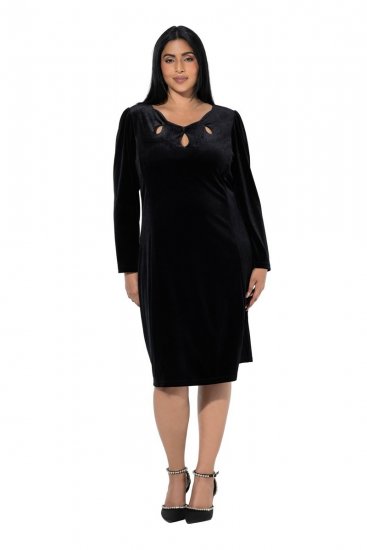 Ulla Popken 845573 Robe en velours à manches longues Noir - Robes de soirée - Robes de soirée grande taille