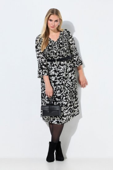 Ulla Popken 845825 Robe mi-longue fleurie à manches 3/4 Noir - Robes midi - Robes midi grande taille
