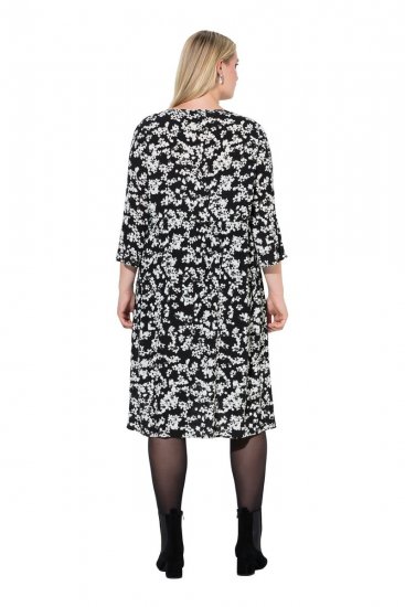 Ulla Popken 845825 Robe mi-longue fleurie à manches 3/4 Noir - Robes midi - Robes midi grande taille