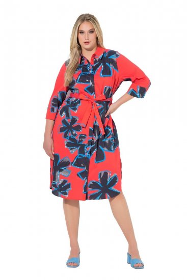 Ulla Popken 846164 Robe chemise fleurie Rouge - Robes midi - Robes midi grande taille