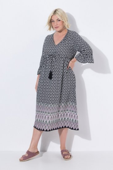 Ulla Popken 847798 Robe mi-longue trapèze à col V Noir - Robes midi - Robes midi grande taille