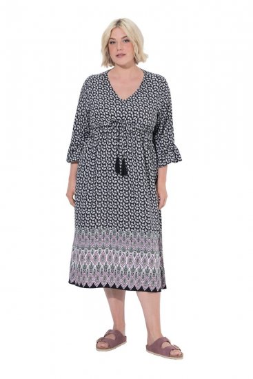 Ulla Popken 847798 Robe mi-longue trapèze à col V Noir - Robes midi - Robes midi grande taille