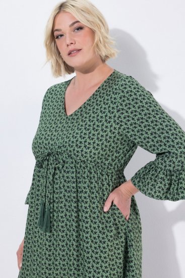 Ulla Popken 847798 Robe mi-longue trapèze à col V Vert foncé - Robes midi - Robes midi grande taille