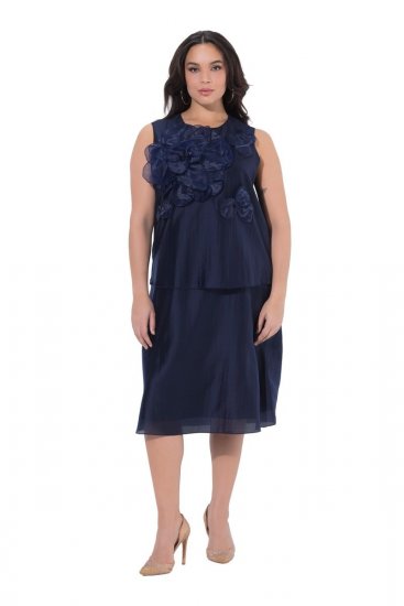 Ulla Popken 847918 Robe en mousseline fleurie Bleu marine - Robes midi - Robes midi grande taille
