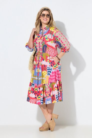 Ulla Popken 848015 Robe mi-longue imprimée à cordon Rose - Robes midi - Robes midi grande taille