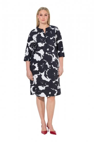Ulla Popken 848061 Robe mi-longue fleurie à manches 3/4 Noir - Robes midi - Robes midi grande taille