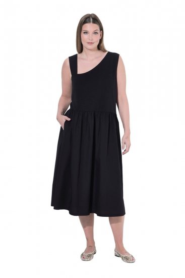 Ulla Popken 848305 Robe mi-longue sans manches à col V Noir - Robes midi - Robes midi grande taille