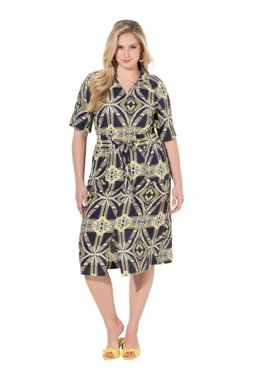 Ulla Popken 848789 Robe mi-longue imprimée à poches Bleu marine - Robes midi - Robes midi grande taille