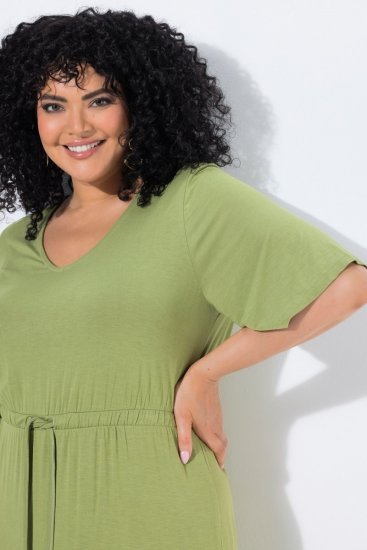 Ulla Popken 848829 Robe mi-longue à manches courtes et cordon Vert clair - Robes midi - Robes midi grande taille
