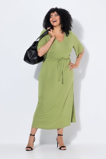 Ulla Popken 848829 Robe mi-longue à manches courtes et cordon Vert clair - Robes midi - Robes midi grande taille