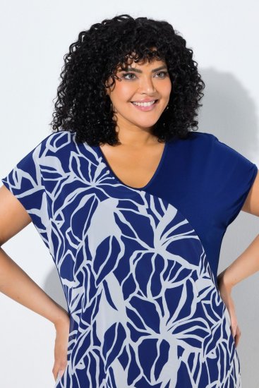 Ulla Popken 849033 Robe en mousseline à manches courtes et col V Bleu marine - Robes - Robes pour toutes les tailles