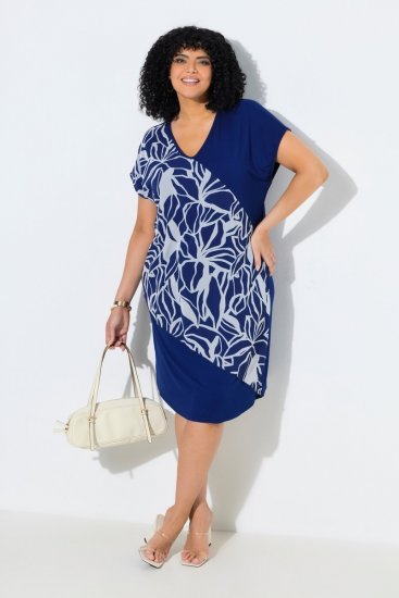 Ulla Popken 849033 Robe en mousseline à manches courtes et col V Bleu marine - Robes - Robes pour toutes les tailles