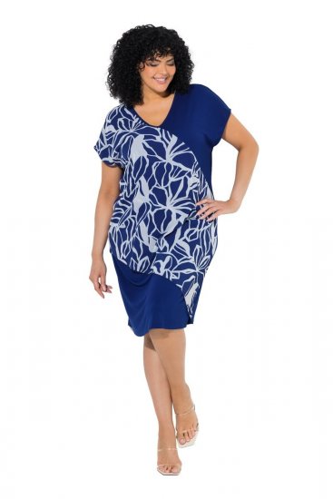 Ulla Popken 849033 Robe en mousseline à manches courtes et col V Bleu marine - Robes - Robes pour toutes les tailles