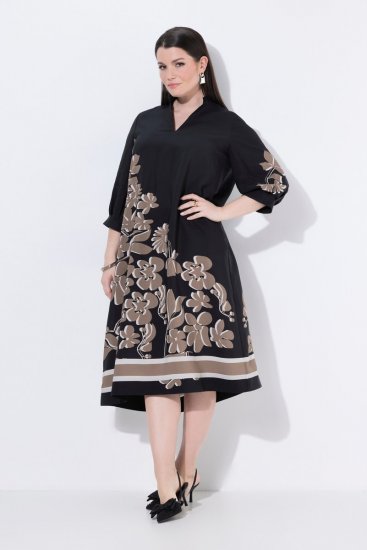 Ulla Popken 849423 Robe fleurie à manches 3/4 Noir - Robes maxi - Robes maxi grande taille