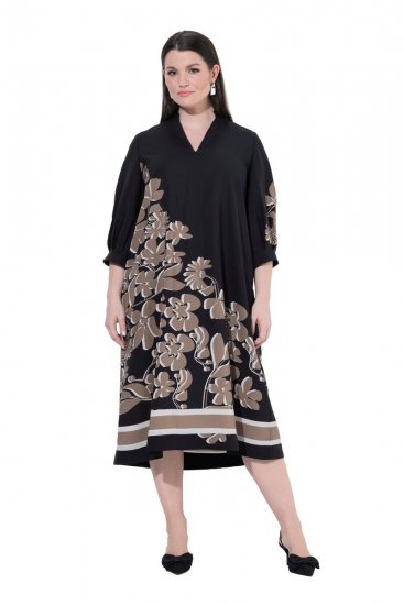 Ulla Popken 849423 Robe fleurie à manches 3/4 Noir - Robes maxi - Robes maxi grande taille