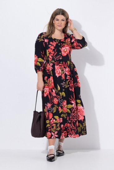 Ulla Popken 849593 Robe chemise fleurie Bleu marine - Robes maxi - Robes maxi grande taille