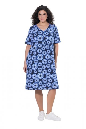 Ulla Popken 850121 Robe en jersey à manches courtes et col V Bleu - Robes en jersey - 