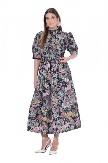 Ulla Popken 850298 Robe chemise fleurie Bleu marine - Robes maxi - Robes maxi grande taille