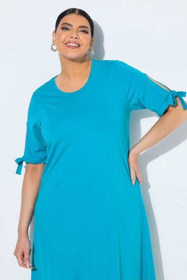 Ulla Popken 850724 Robe mi-longue à manches courtes et ceinture à nouer Turquoise - Robes midi - Robes midi grande taille