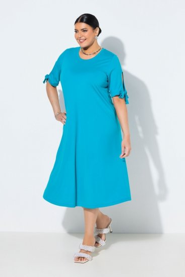 Ulla Popken 850724 Robe mi-longue à manches courtes et ceinture à nouer Turquoise - Robes midi - Robes midi grande taille
