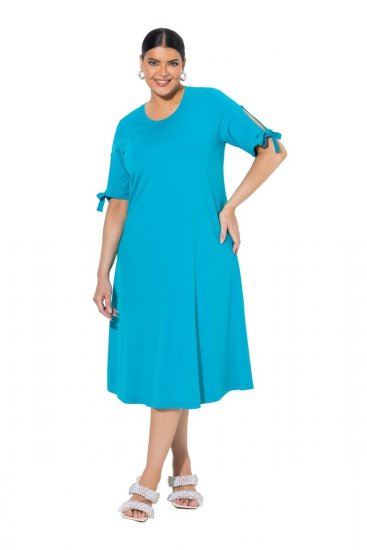 Ulla Popken 850724 Robe mi-longue à manches courtes et ceinture à nouer Turquoise - Robes midi - Robes midi grande taille