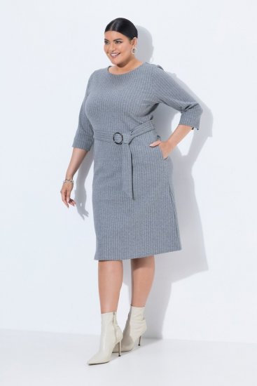 Ulla Popken 851666 Robe mi-longue rayée à manches 3/4 Gris chiné - Robes midi - Robes midi grande taille