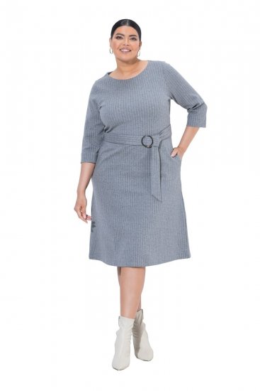 Ulla Popken 851666 Robe mi-longue rayée à manches 3/4 Gris chiné - Robes midi - Robes midi grande taille