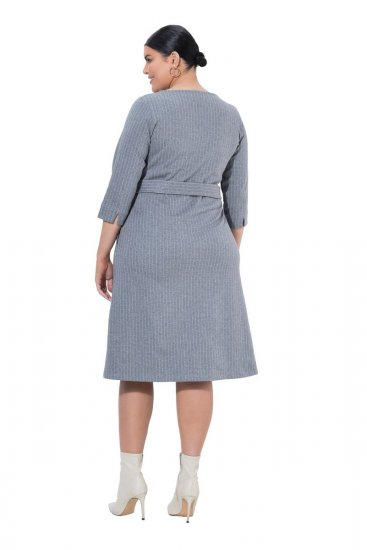 Ulla Popken 851666 Robe mi-longue rayée à manches 3/4 Gris chiné - Robes midi - Robes midi grande taille