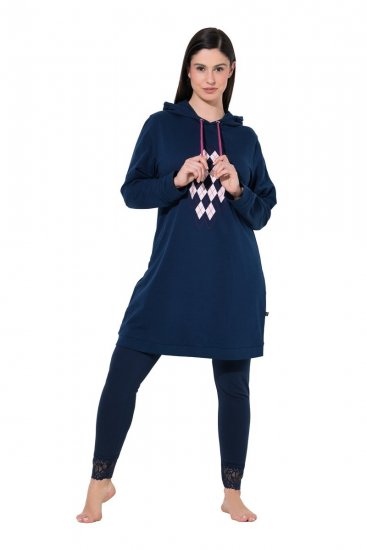 Ulla Popken 851749 Robe d'intérieur à carreaux et capuche Bleu marine - Pyjamas/vêtements de détente - 