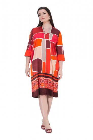 Ulla Popken 852024 Robe mi-longue trapèze à manches 3/4 Rose - Robes midi - Robes midi grande taille