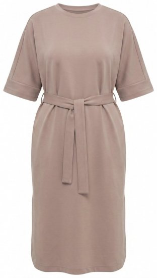 Ulla Popken 852288 Robe mi-longue à manches courtes et ceinture à nouer Marron clair - Robes midi - Robes midi grande taille