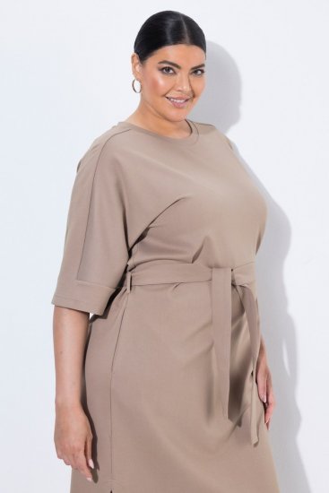 Ulla Popken 852288 Robe mi-longue à manches courtes et ceinture à nouer Marron clair - Robes midi - Robes midi grande taille