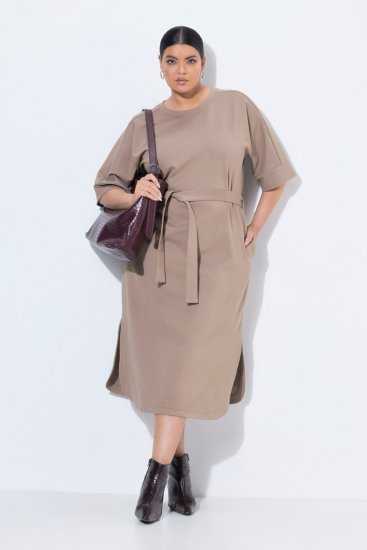 Ulla Popken 852288 Robe mi-longue à manches courtes et ceinture à nouer Marron clair - Robes midi - Robes midi grande taille