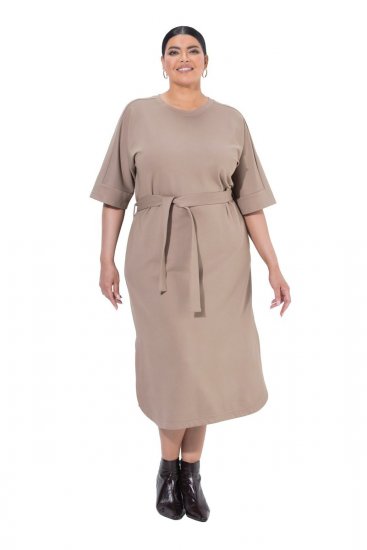 Ulla Popken 852288 Robe mi-longue à manches courtes et ceinture à nouer Marron clair - Robes midi - Robes midi grande taille
