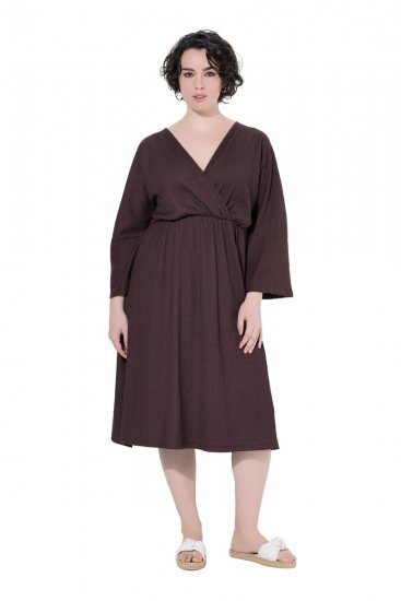 Ulla Popken 852307 Robe portefeuille à manches longues Brun acajou - Robes midi - Robes midi grande taille