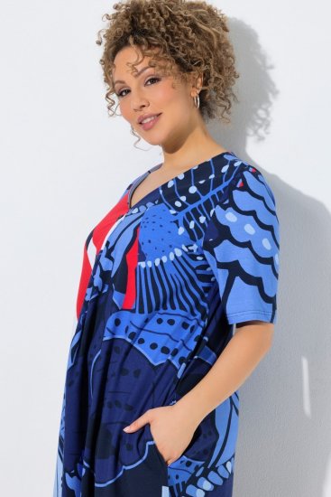 Ulla Popken 852394 Robe mi-longue à manches courtes et col V Bleu marine - Robes midi - Robes midi grande taille