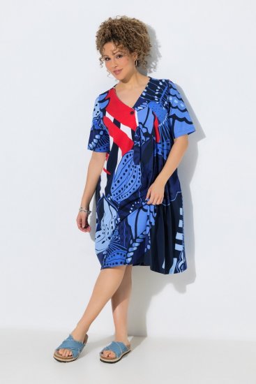 Ulla Popken 852394 Robe mi-longue à manches courtes et col V Bleu marine - Robes midi - Robes midi grande taille