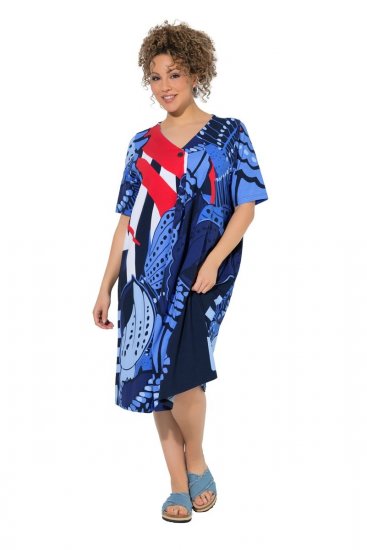 Ulla Popken 852394 Robe mi-longue à manches courtes et col V Bleu marine - Robes midi - Robes midi grande taille
