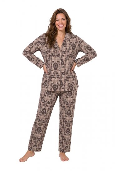 Ulla Popken 852649 Pyjama à motifs et col chemise Marron - Pyjamas/vêtements de détente - 
