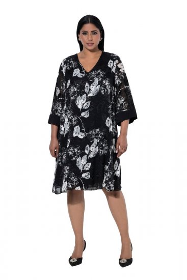 Ulla Popken 852959 Robe fleurie à manches 3/4 Noir - Robes midi - Robes midi grande taille