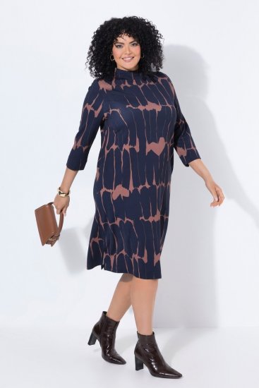 Ulla Popken 853590 Robe en jersey imprimée à manches 3/4 Bleu marine - Robes - Robes pour toutes les tailles