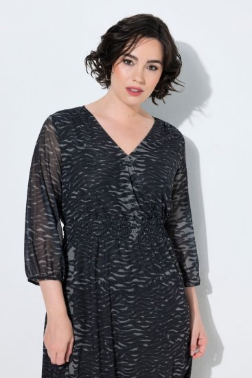 Ulla Popken 853620 Robe mi-longue à imprimé animal et manches 3/4 Noir - Robes midi - Robes midi grande taille