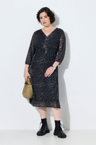 Ulla Popken 853620 Robe mi-longue à imprimé animal et manches 3/4 Noir - Robes midi - Robes midi grande taille