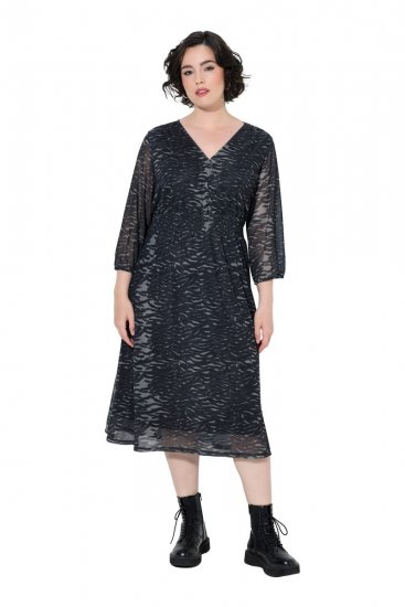 Ulla Popken 853620 Robe mi-longue à imprimé animal et manches 3/4 Noir - Robes midi - Robes midi grande taille
